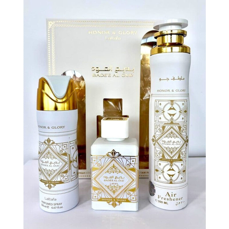 LATTAFA BADE AL OUD HONOR Y GLORY GIFT SET X 3 peas